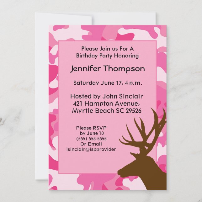 Invitation Chasseur de cerfs Camouflage rose Anniversaire Inv (Devant)