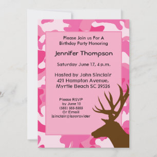 Invitation Chasseur de cerfs Camouflage rose Anniversaire Inv