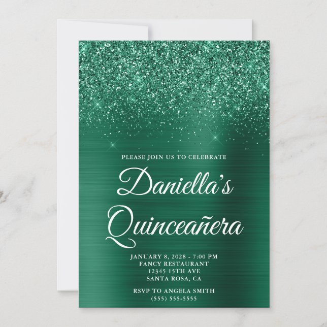 Invitation Chasseur de la Glittery Green Foil Quinceañera (Devant)