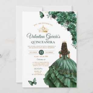 Invitation Chasseur Robe Verte Quinceañera 15 Anos Floral Gol
