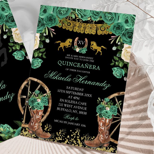 Invitation Chasseur vert émeraude noir Bottes occidentales XV (Créateur téléchargé)