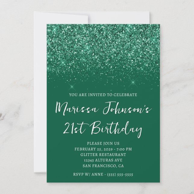 Invitation Chasseur Vert Pailleté Anniversaire 21 Ans Étincel (Devant)