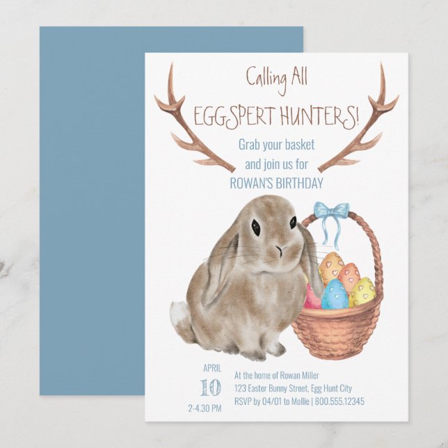 Invitation Chasseurs Eggspert Lapin de Pâques et Oeufs Annive (Devant / Derrière)