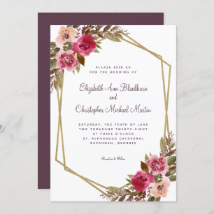 Invitation Châssis Floral violet Mariage Chic Gold Frame