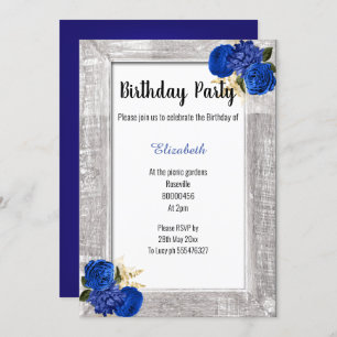 INVITATION CHÂSSIS RUSTIQUE ANNIVERSAIRE FLORAL BLEU ROYAL