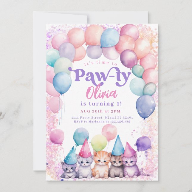 Invitation Chat Anniversaire Kitten Party Pawty Girl (Devant)
