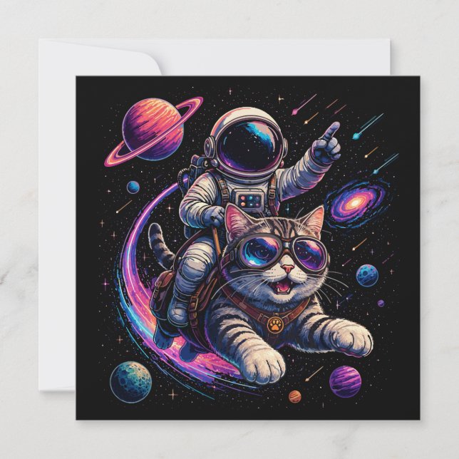Invitation Chat astronaute chevauchant à travers l'espace (Devant)