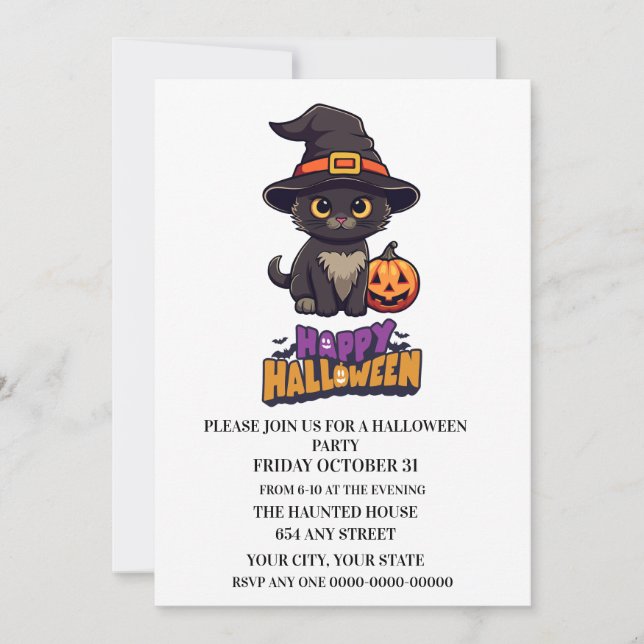 Invitation Chat aux sorcières d'Halloween mignonne avec Citro (Devant)