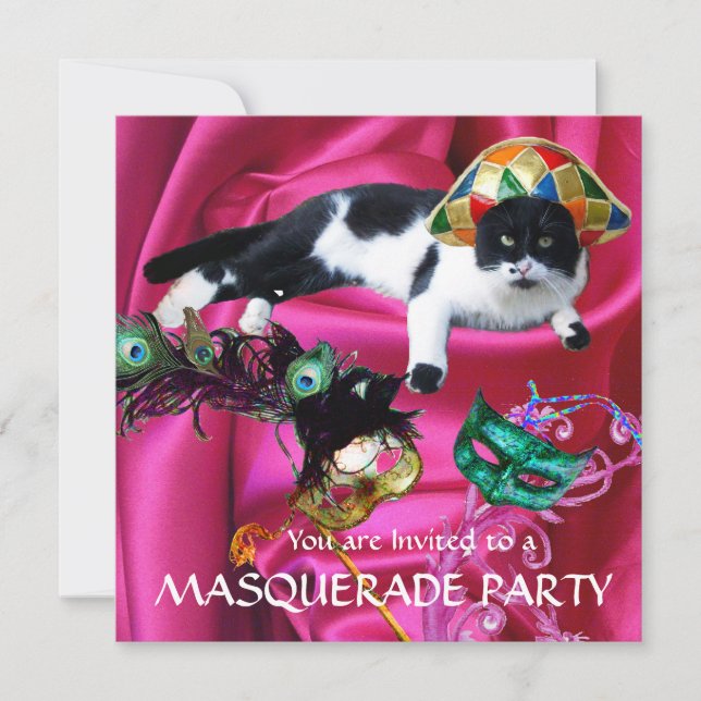 INVITATION CHAT AVEC CASQUETTE HARLEQUIN ET MASQUERADE DE FÊT (Devant)