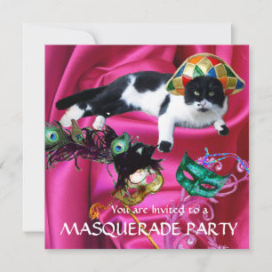INVITATION CHAT AVEC CASQUETTE HARLEQUIN ET MASQUERADE DE FÊT