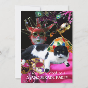 INVITATION CHAT AVEC CASQUETTE HARLEQUIN ET MASQUERADE DE FÊT