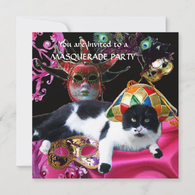 INVITATION CHAT AVEC CASQUETTE HARLEQUIN ET MASQUERADE DE FÊT (Devant)