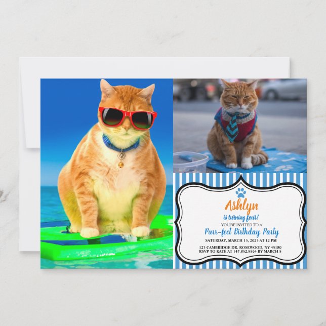 Invitation Chat avec lunettes de soleil surfant dans l'océan (Devant)