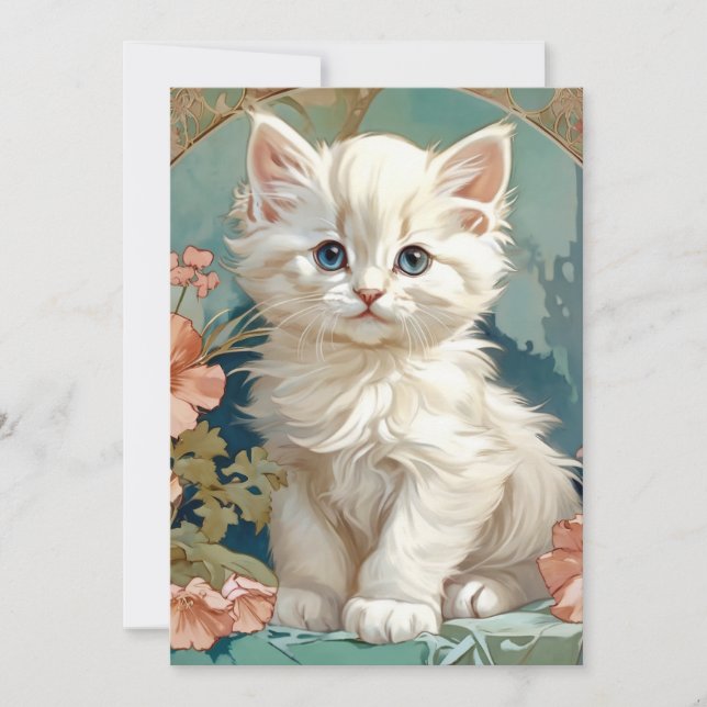 Invitation Chat blanc de style Alphonse Mucha (Devant)