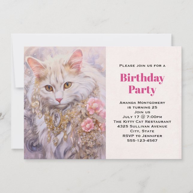 Invitation Chat Blanc Élégant en Or et Diamants Anniversaire (Devant)