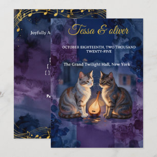 Invitation Chat bleu de minuit Aquarelle Mariage Amour émouva