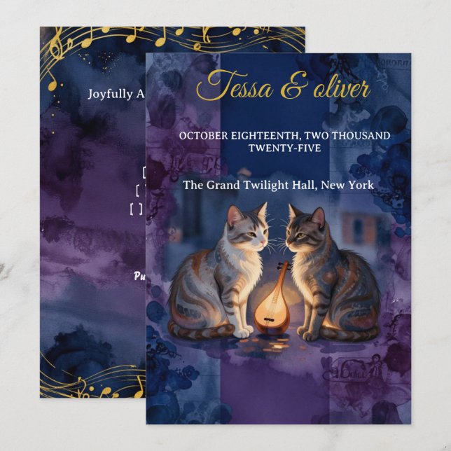 Invitation Chat bleu de minuit Aquarelle Mariage Amour émouva (Devant / Derrière)