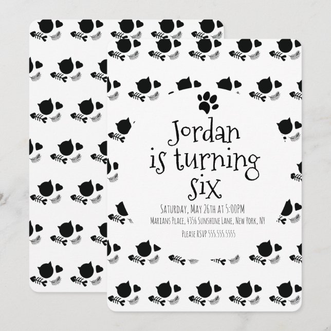 Invitation Chat Chaton Animal Patte Noir Blanc Anniversaire F (Devant / Derrière)