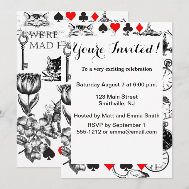 Invitation Chat de Cheshire classique alice au pays des merve (Devant / Derrière)
