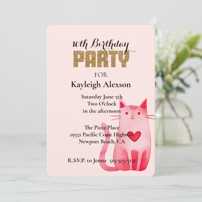 Invitation Chat de Coeur Rose Parties scintillant d'or Annive (Debout devant)