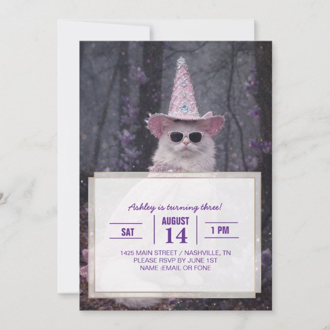 Invitation Chat de magicien magique en cape et chapeau rose s (Devant)