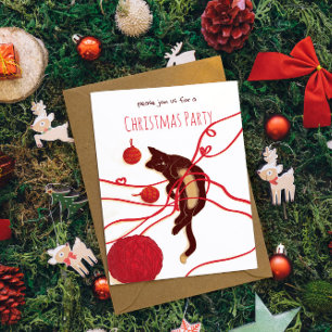 Invitation Chat de Noël joyeux - Chat joueur avec des rubans