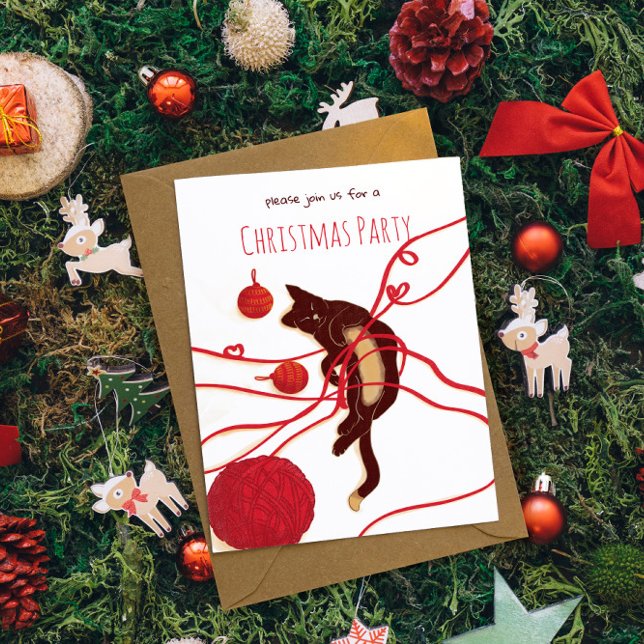 Invitation Chat de Noël joyeux - Chat joueur avec des rubans  (Créateur téléchargé)
