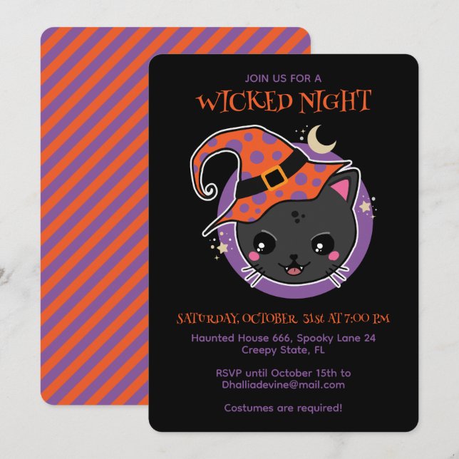 Invitation Chat de sorcière kawaii fête d'Halloween (Devant / Derrière)