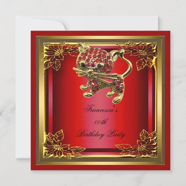 Invitation Chat Doré Elite Élégant Fête d'Anniversaire Rouge (Devant)