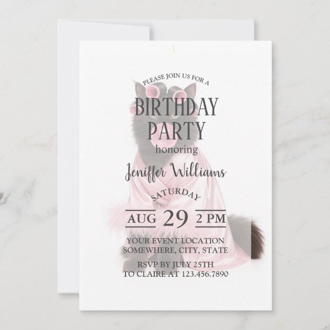 Invitation Chat en robe rose avec bigoudis et bubble gum (Devant)