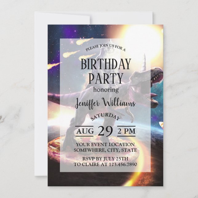 Invitation Chat équitation dinosaure licorne dans l'espace (Devant)