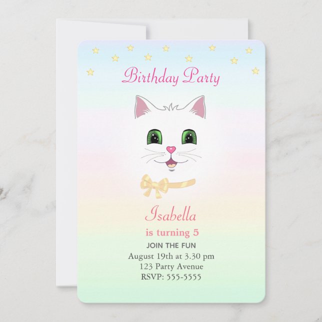 Invitation Chat & Étoiles sur Fond de Couleurs Pastel pour An (Devant)