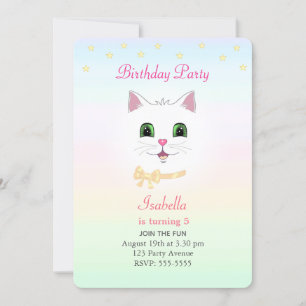 Invitation Chat & Étoiles sur Fond de Couleurs Pastel pour An
