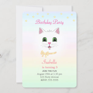 Invitation Chat & Etoiles sur Pastel Colors Anniversaire