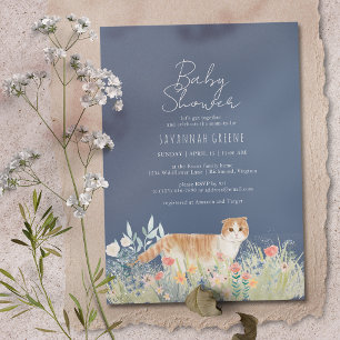Invitation Chat floral   Bleu bleu marine foncé   Baby shower