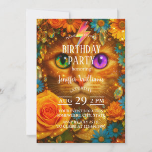 Invitation Chat floral rêveur aux yeux arc-en-ciel mystiques