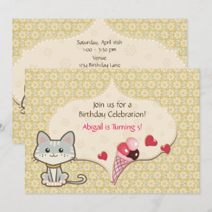 Invitation Chat gris mignonne, crème glacée et fleurs Anniver
