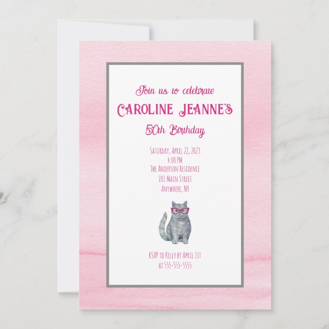 Invitation Chat Gris, Rose Clair, 50 & Fabuleux, Anniversaire (Dos)