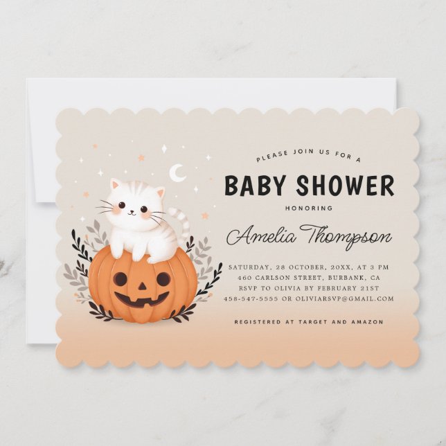 Invitation Chat Halloween Sur Baby shower Orange Citrouille (Devant)