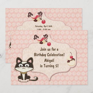 Invitation Chat kitty noir et blanc mignon à l'anniversaire r