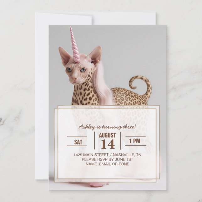 Invitation Chat licorne léopard glamour en talons de fourrure (Devant)