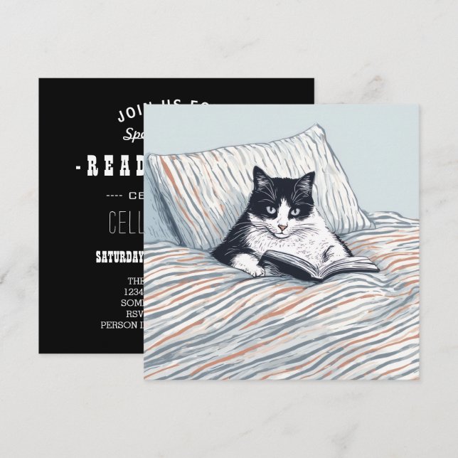 Invitation chat lisant au lit (Devant / Derrière)