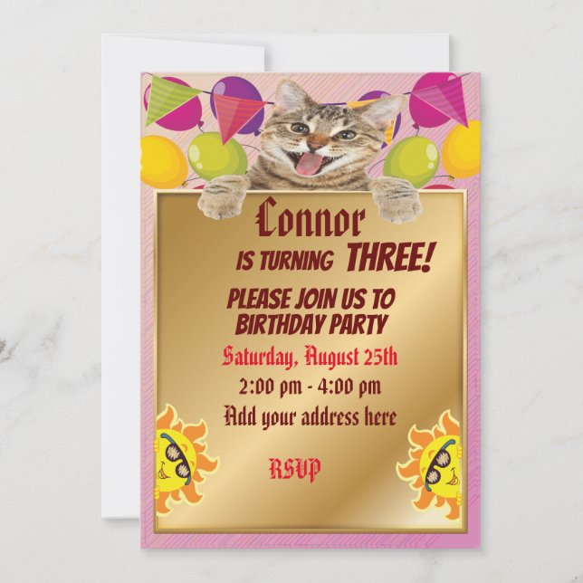 Invitation Chat mignon avec or et soleils amusants (Devant)