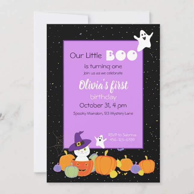 Invitation Chat mignon d'Halloween en Casquette sorcier (Devant)