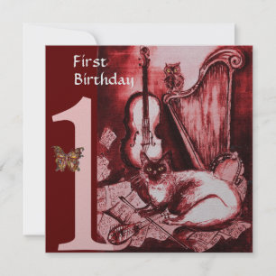 Invitation CHAT MUSICAL Première fête d'anniversaire, Argent 