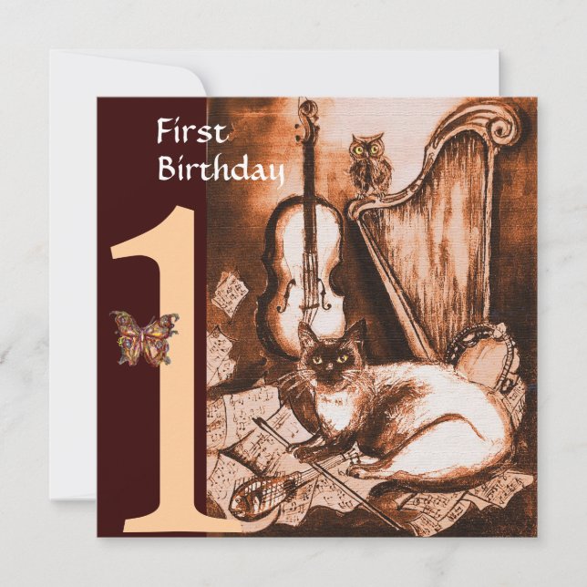 Invitation CHAT MUSICAL Première fête d'anniversaire Brown et (Devant)