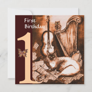 Invitation CHAT MUSICAL Première fête d'anniversaire Brown et