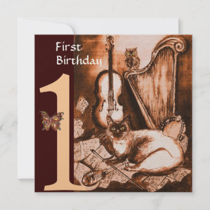 Invitation CHAT MUSICAL Première fête d'anniversaire Champagn