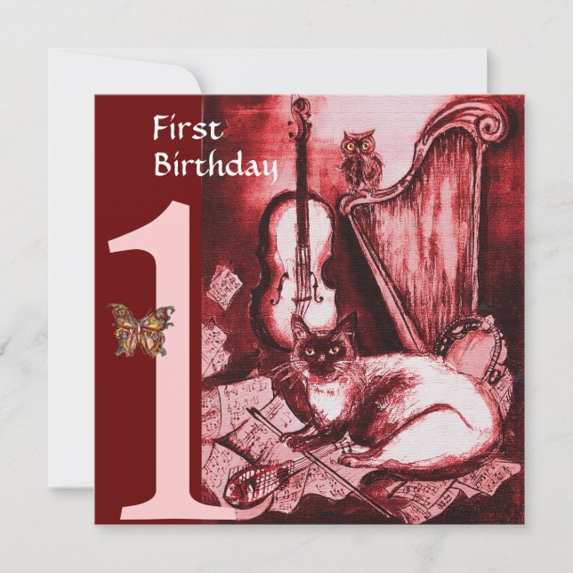 Invitation CHAT MUSICAL Première fête d'anniversaire, or roug (Devant)