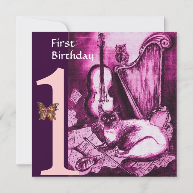Invitation CHAT MUSICAL Rose Fuchsia Premier anniversaire (Devant)
